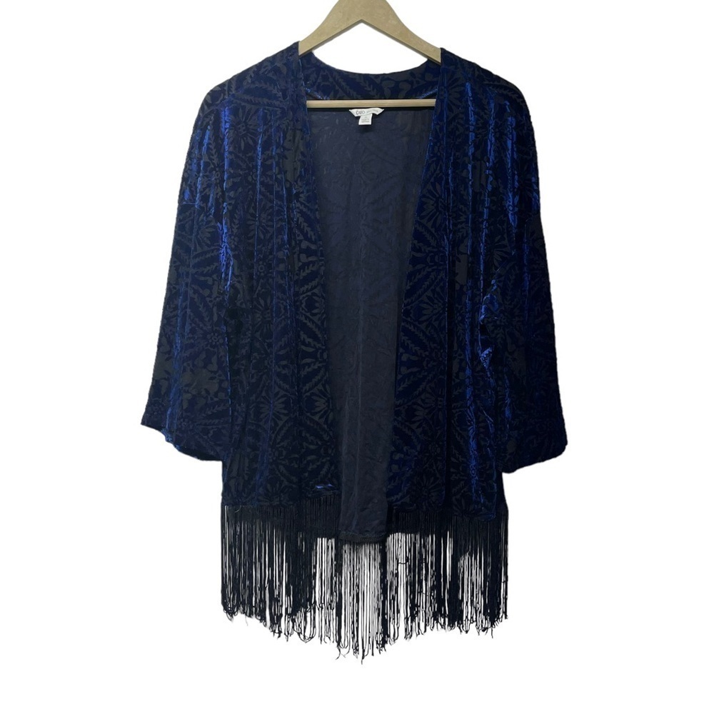 Cato Blue Velvet Jacquard Fringe Cardigan Size Small Whimsigoth Witchy Fairy